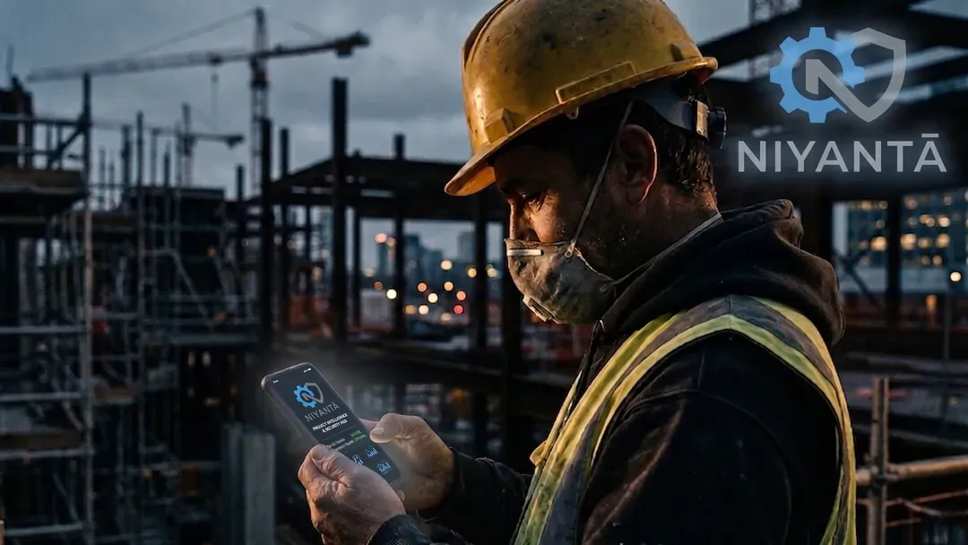 A construction worker in a hard hat and hi-vis vest on a part-built site at dusk, reading the Niyantā app on a phone, cranes and city lights behind him