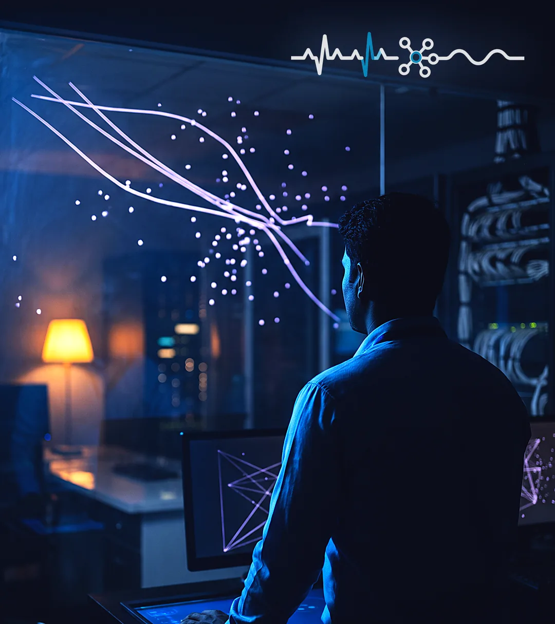 An operator in silhouette before a glass wall of projected telemetry traces