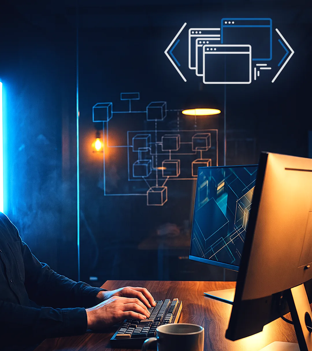 A developer at a desk late at night, an architecture diagram glowing on the glass partition behind the monitor