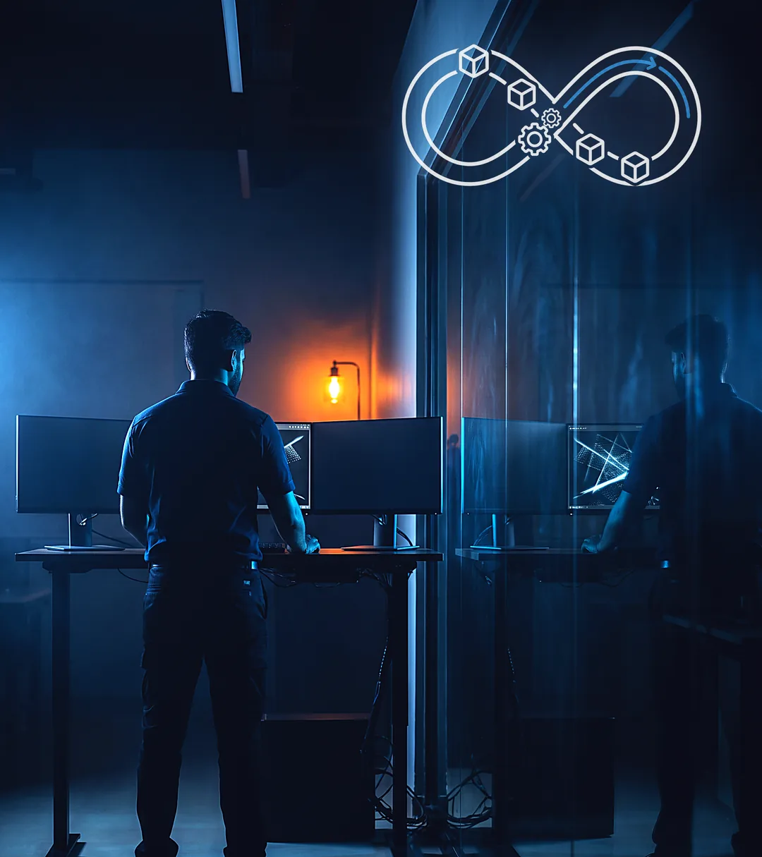 An operations engineer at a standing desk facing a bank of monitors, the figure doubled in a glass partition
