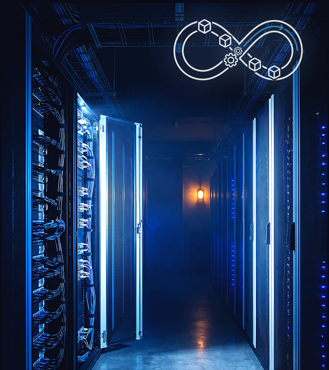 A server rack aisle receding into darkness, rows of blue status lights along both sides