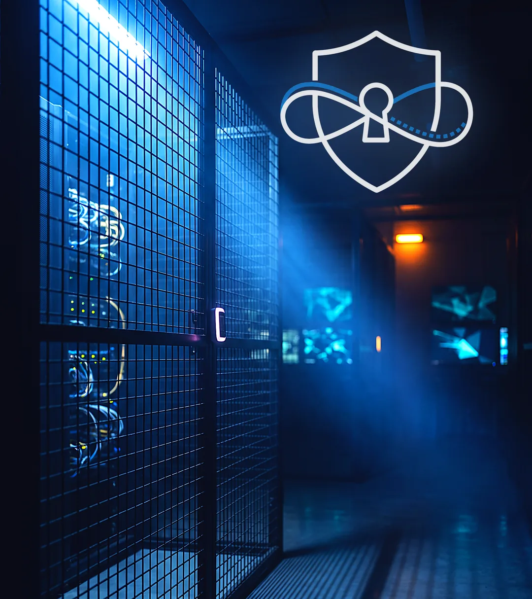 A locked steel mesh cage around a server rack under cold blue light