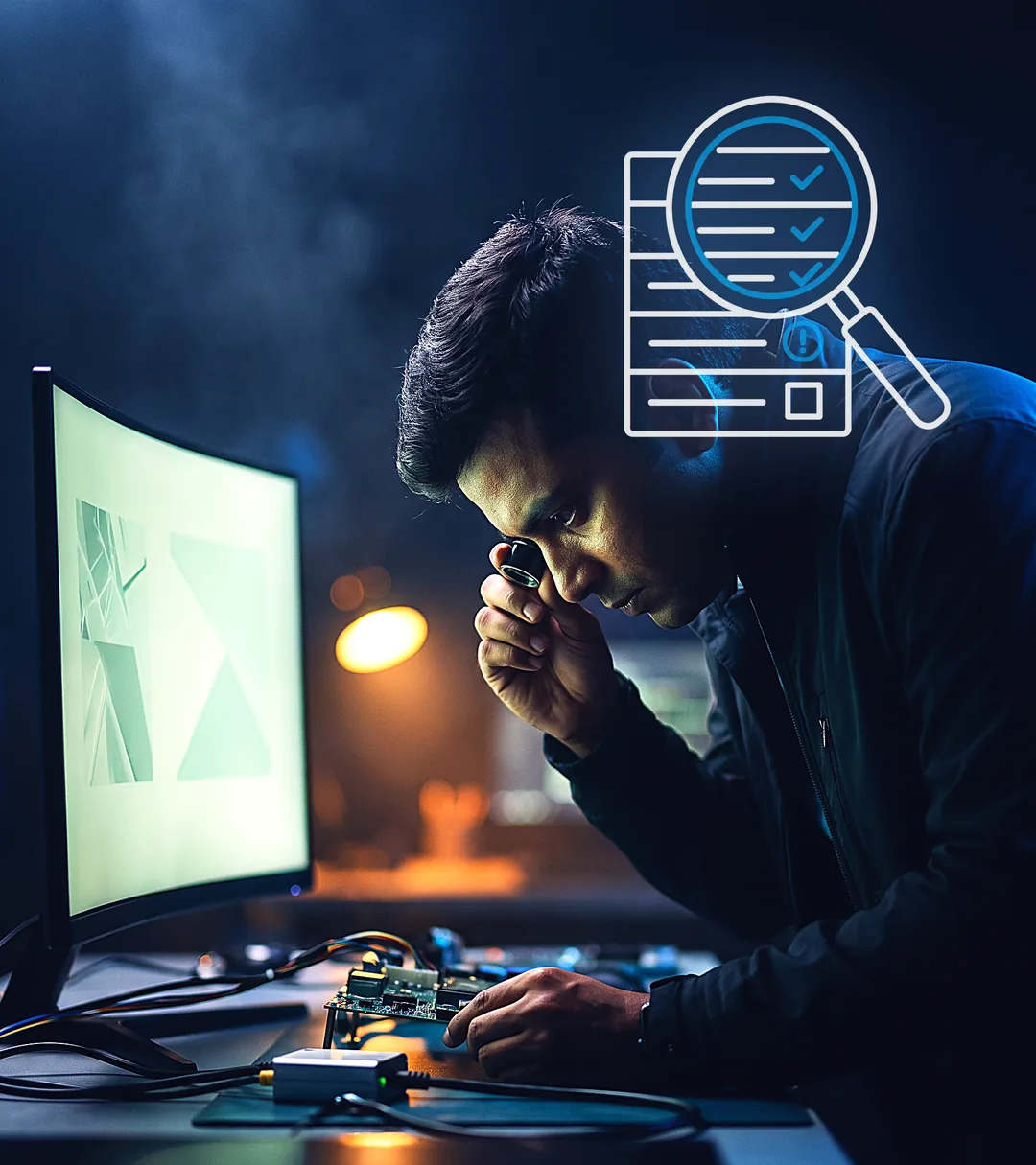 A QA engineer bent over a bench inspecting a device through a loupe, lit by the screen glow