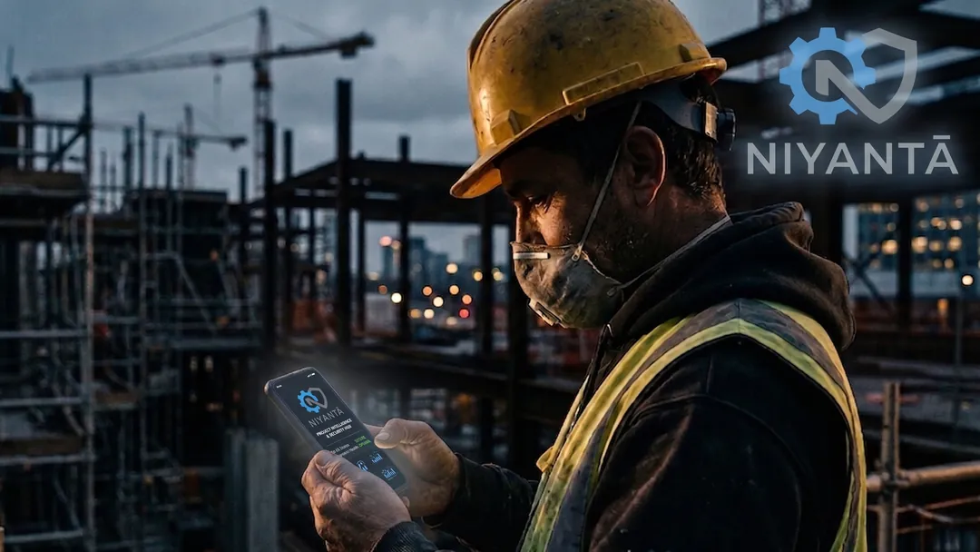 A construction worker in a hard hat and hi-vis vest on a part-built site at dusk, reading the Niyantā app on a phone, cranes and city lights behind him