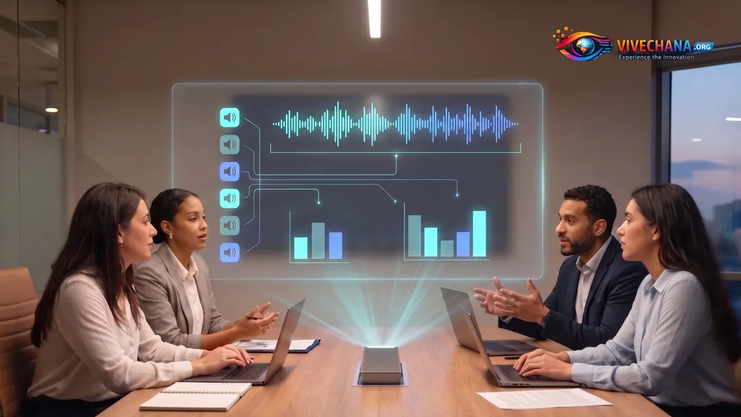 Four colleagues around a boardroom table mid-conversation, a translucent holographic panel above the table showing a speech waveform, speaker markers and bar charts