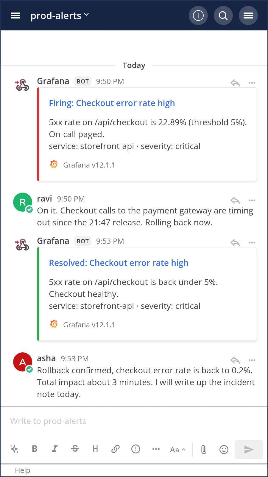 Grafana alert firing and then resolving in a team chat channel on a phone