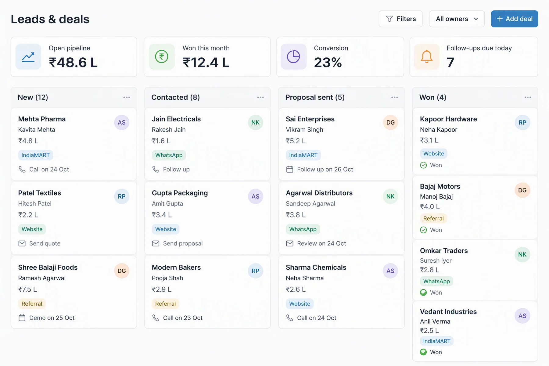Sales pipeline board with leads and deals