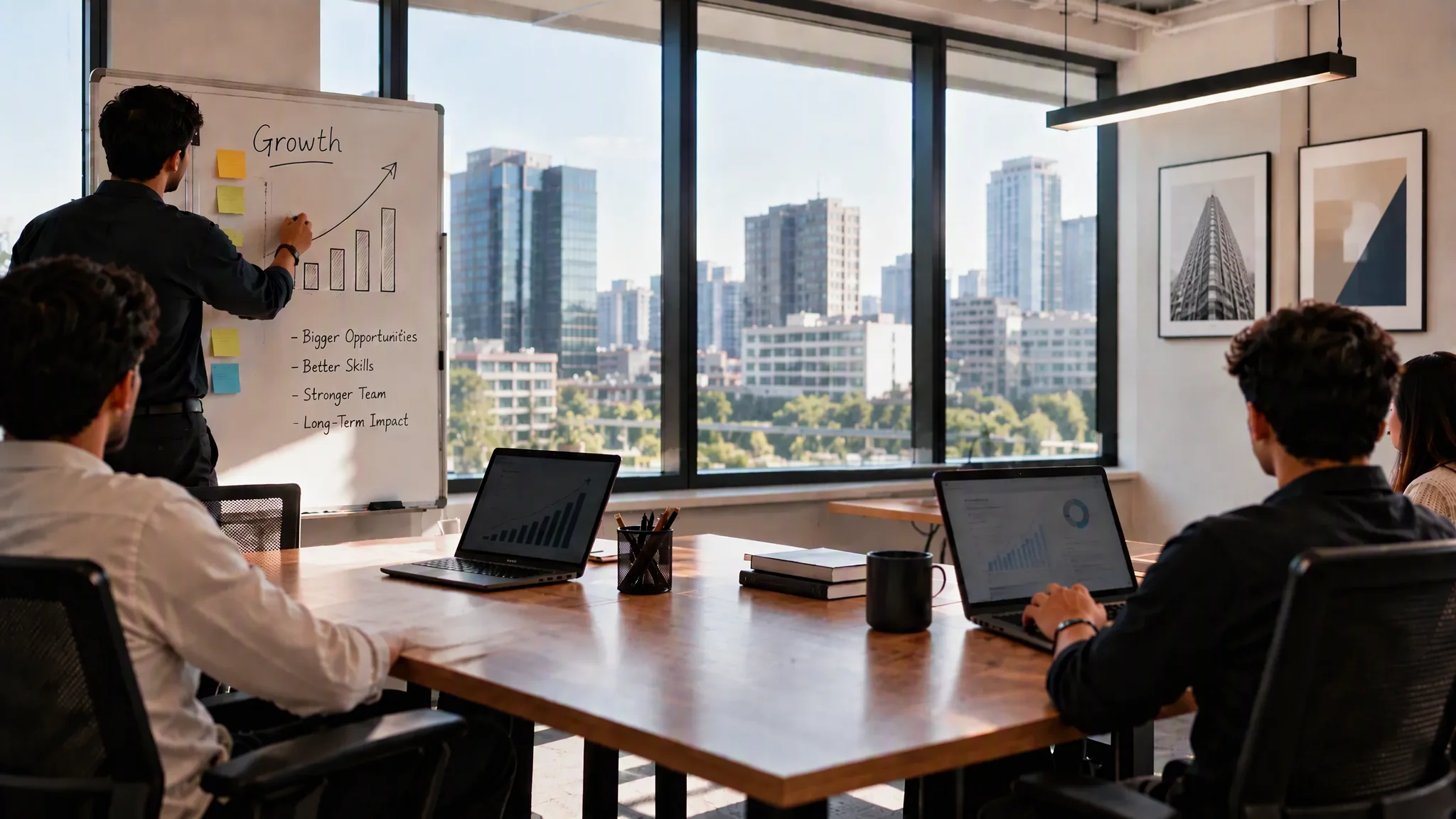 An iDefender engineer sketching a growth plan on a whiteboard while the team works