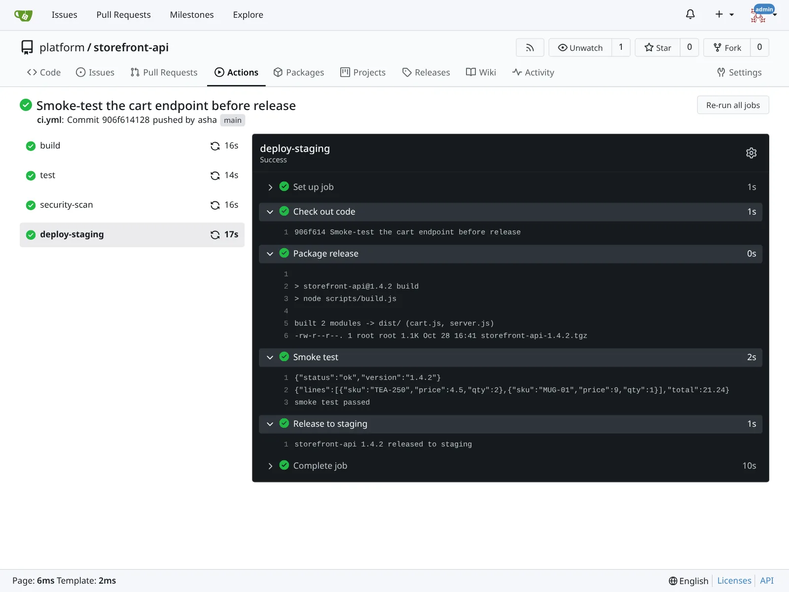 Pipeline run with build, test, security scan and staging deploy all passing