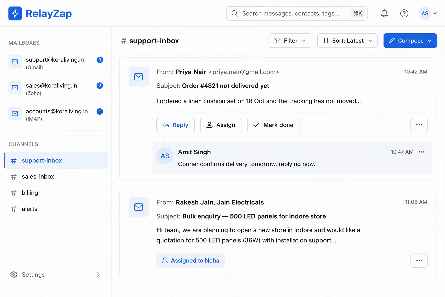 Unified inbox relaying support and sales email into team chat
