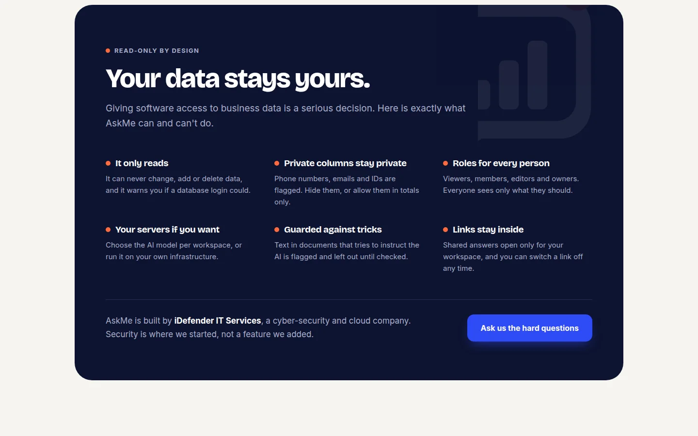 AskMe's security model: read-only access, private columns, roles, self-hosting, prompt-injection guard and private links